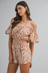 PAOLA PRINTED OFF SHOULDER PUFF SLEEVES ROMPER