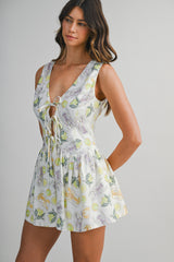 DAISY PRINTED SLEEVELESS TIE FRONT ROMPER
