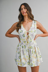 DAISY PRINTED SLEEVELESS TIE FRONT ROMPER