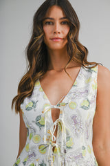 DAISY PRINTED SLEEVELESS TIE FRONT ROMPER
