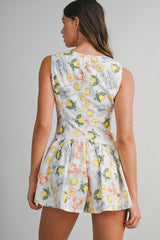 DAISY PRINTED SLEEVELESS TIE FRONT ROMPER