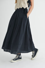 JOSIE TIERED PINTUCK EYELET LACE TRIMMED MIDI SKIRT