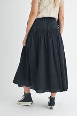 JOSIE TIERED PINTUCK EYELET LACE TRIMMED MIDI SKIRT