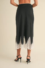GISELE SCALLOP LACE TRIMMED SATIN MIDI SKIRT
