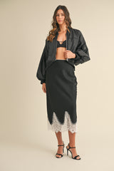 GISELE SCALLOP LACE TRIMMED SATIN MIDI SKIRT