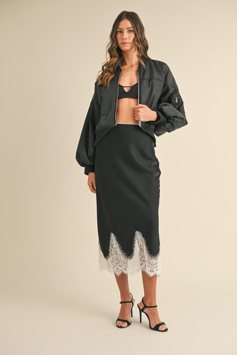 GISELE SCALLOP LACE TRIMMED SATIN MIDI SKIRT