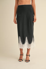 GISELE SCALLOP LACE TRIMMED SATIN MIDI SKIRT