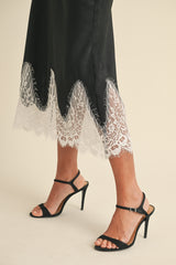 GISELE SCALLOP LACE TRIMMED SATIN MIDI SKIRT