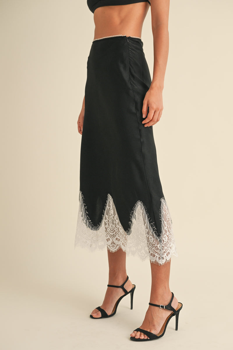 GISELE SCALLOP LACE TRIMMED SATIN MIDI SKIRT