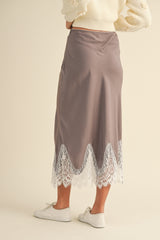 GISELE SCALLOP LACE TRIMMED SATIN MIDI SKIRT