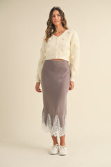GISELE SCALLOP LACE TRIMMED SATIN MIDI SKIRT