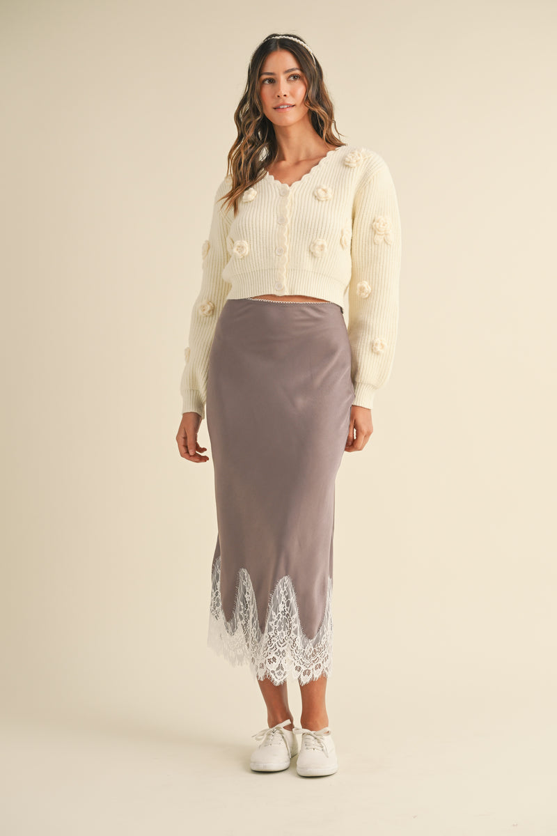 GISELE SCALLOP LACE TRIMMED SATIN MIDI SKIRT