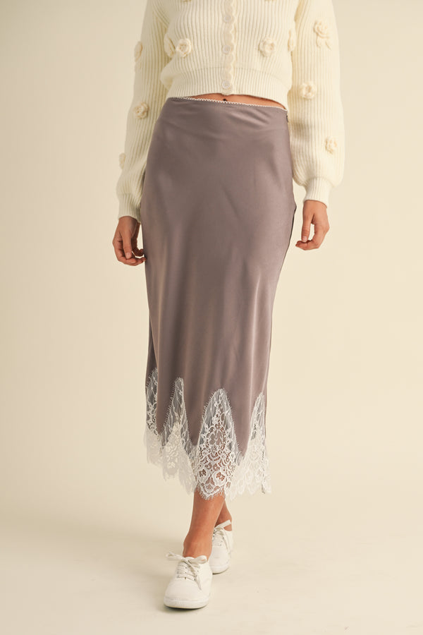 GISELE SCALLOP LACE TRIMMED SATIN MIDI SKIRT