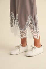 GISELE SCALLOP LACE TRIMMED SATIN MIDI SKIRT