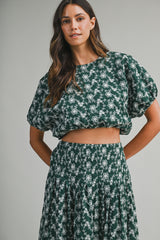 LINNEA EMBROIDERED PUFF CROP TOP AND MIDI SKIRT