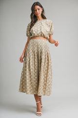 LINNEA EMBROIDERED PUFF CROP TOP AND MIDI SKIRT