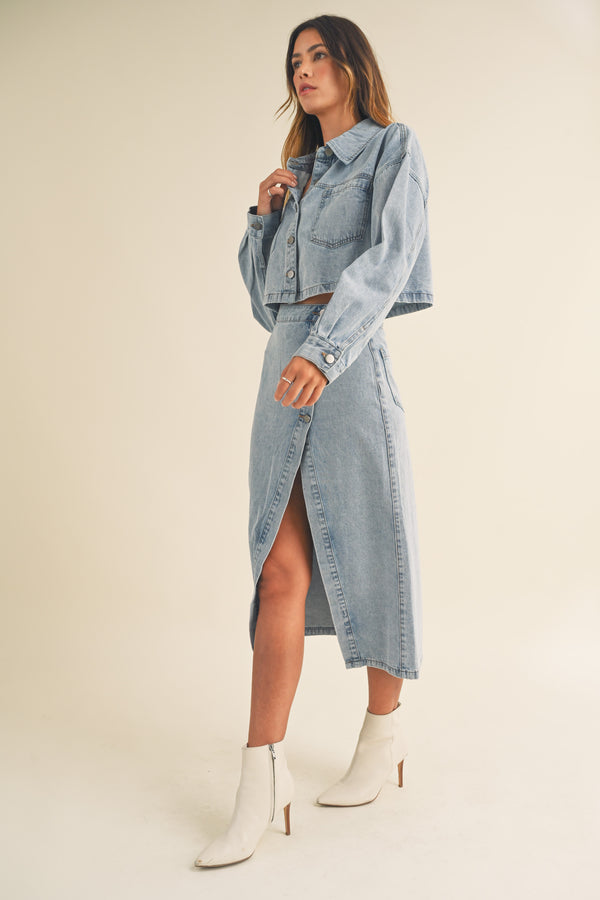 OLINE DENIM JACKET AND SKIRT SET