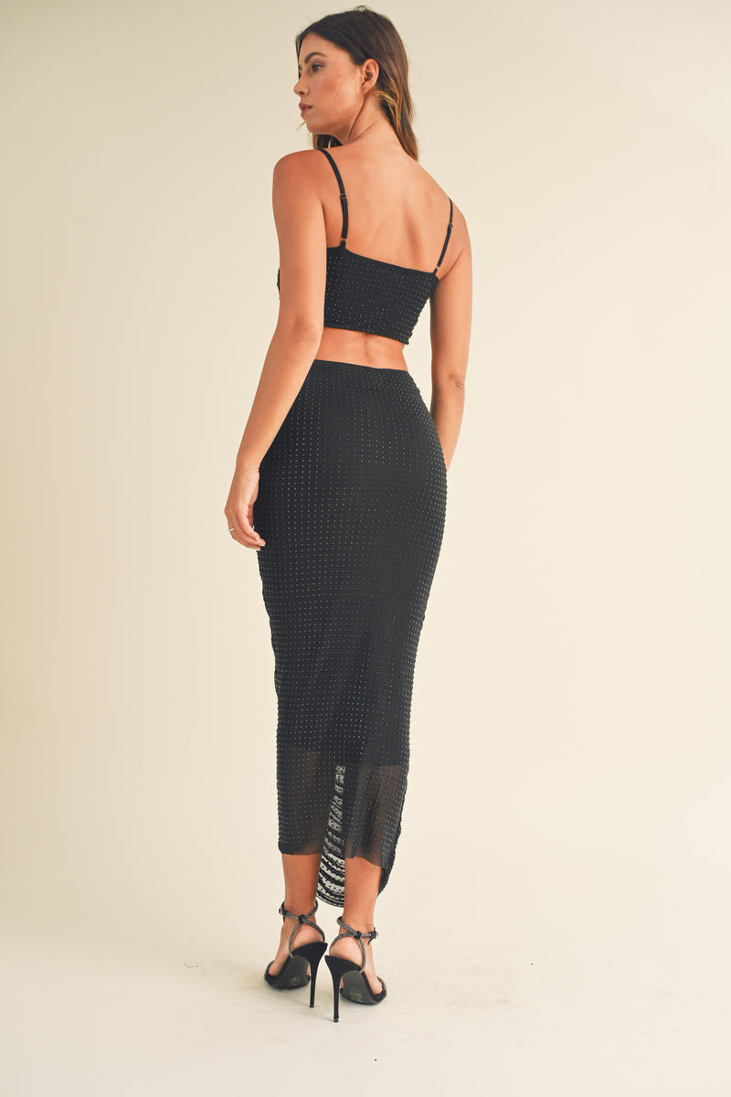 NELLY RHINESTONE RUCHED CROP TOP AND SKIRT SET