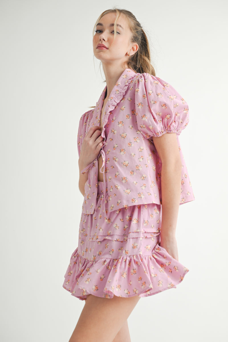 JONQUIL FLORAL BLOUSE AND MINI SKIRT SET