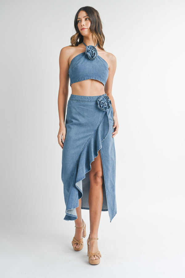 KERRIS DENIM CORSAGE TOP AND MIDI SKIRT SET