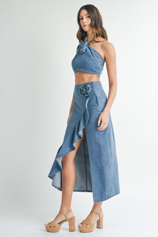 KERRIS DENIM CORSAGE TOP AND MIDI SKIRT SET