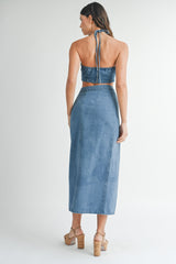 KERRIS DENIM CORSAGE TOP AND MIDI SKIRT SET