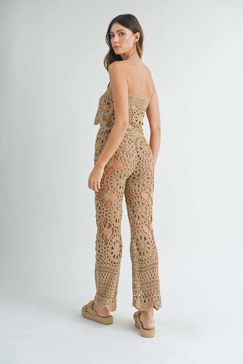 MAGGIE CROCHET KNIT BANDEAU TOP AND FLARE PANTS SET