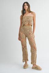 MAGGIE CROCHET KNIT BANDEAU TOP AND FLARE PANTS SET
