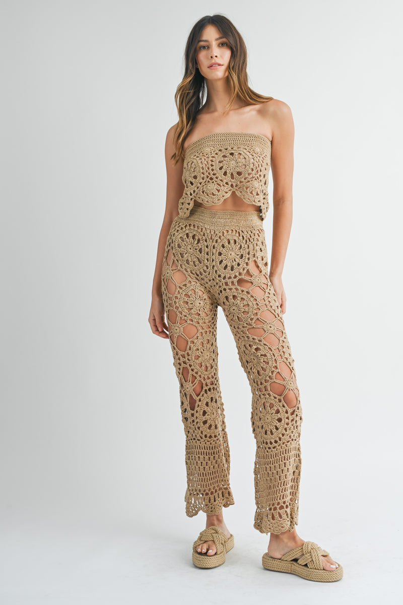 MAGGIE CROCHET KNIT BANDEAU TOP AND FLARE PANTS SET