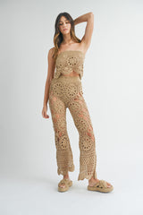 MAGGIE CROCHET KNIT BANDEAU TOP AND FLARE PANTS SET