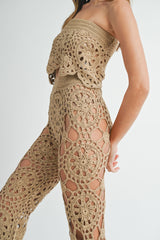 MAGGIE CROCHET KNIT BANDEAU TOP AND FLARE PANTS SET
