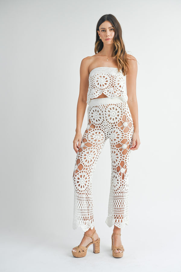 MAGGIE CROCHET KNIT BANDEAU TOP AND FLARE PANTS SET