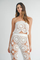 MAGGIE CROCHET KNIT BANDEAU TOP AND FLARE PANTS SET