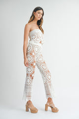 MAGGIE CROCHET KNIT BANDEAU TOP AND FLARE PANTS SET