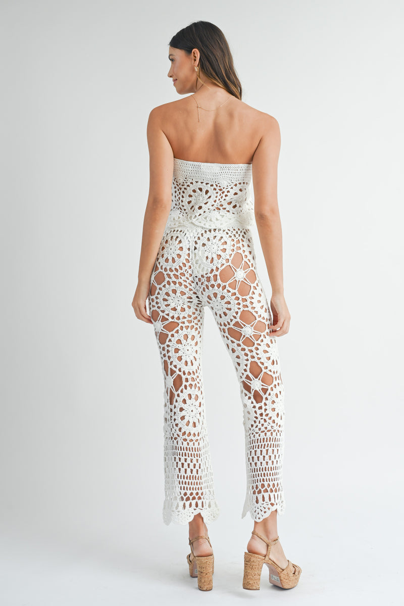 MAGGIE CROCHET KNIT BANDEAU TOP AND FLARE PANTS SET