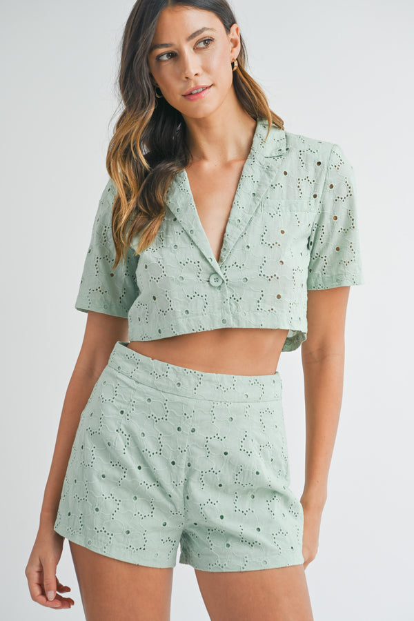 FAYE EYELET LACE JACKET AND SHORTS SET