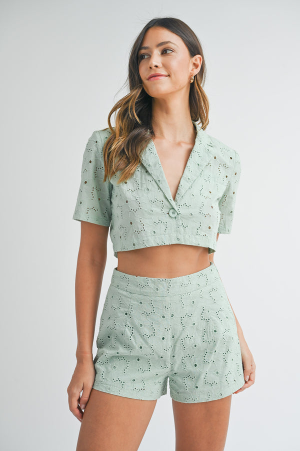 FAYE EYELET LACE JACKET AND SHORTS SET