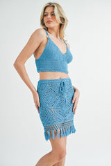 VIRAG HAND KNITTED CROCHET BRALETTE AND TASSEL MINI SKIRT SET