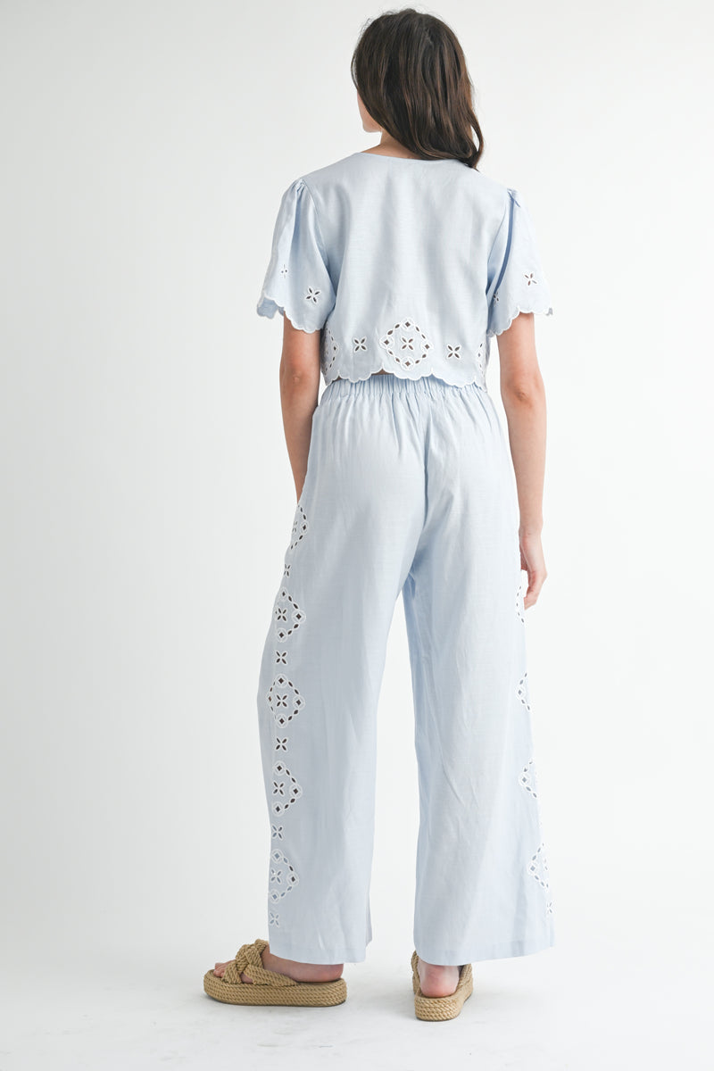 TRINITY CUTOUT EMBROIDERED CROP TOP AND PANTS SET