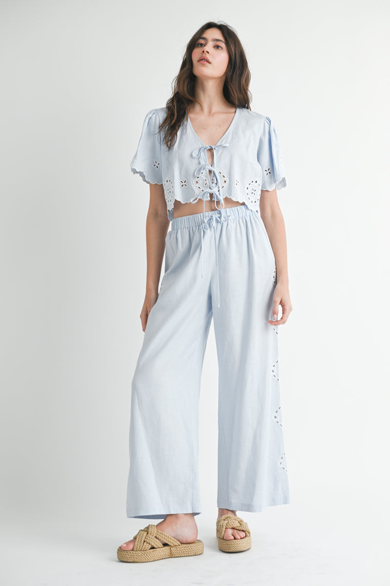 TRINITY CUTOUT EMBROIDERED CROP TOP AND PANTS SET
