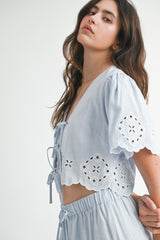 TRINITY CUTOUT EMBROIDERED CROP TOP AND PANTS SET