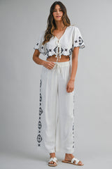 AMIRA CUTOUT EMBROIEDERED CROP TOP AND PANTS SET