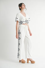 TRINITY CUTOUT EMBROIDERED CROP TOP AND PANTS SET