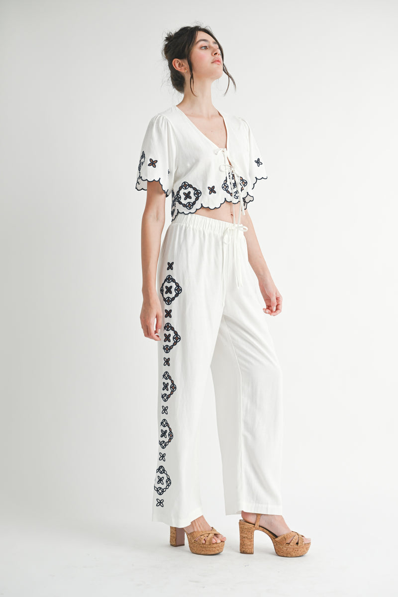 TRINITY CUTOUT EMBROIDERED CROP TOP AND PANTS SET