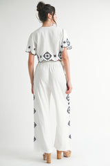 TRINITY CUTOUT EMBROIDERED CROP TOP AND PANTS SET