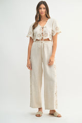 AMIRA CUTOUT EMBROIEDERED CROP TOP AND PANTS SET