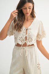 AMIRA CUTOUT EMBROIEDERED CROP TOP AND PANTS SET