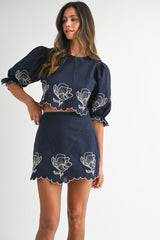 CLAIRE EMBROIDERED CROP TOP AND MINI SKIRT SET