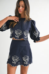 CLAIRE EMBROIDERED CROP TOP AND MINI SKIRT SET
