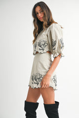 EVELYNN EMBROIDERED CROP TOP AND MINI SKIRT SET